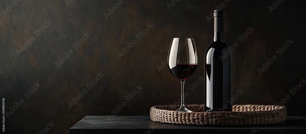 Poster Holder with a wine bottle and glass set against a dark background. with copy space image. Place for adding text or design