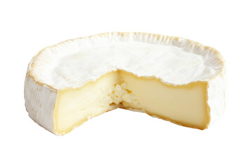 Round Camembert cheese with a wedge removed. Soft texture, creamy center, and white rind, isolated on white background, concept of dairy