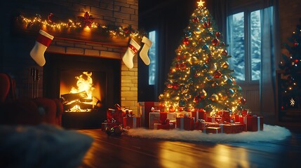 Obraz premium A beautifully decorated Christmas tree with twinkling lights, surrounded by wrapped gifts, glowing softly beside a warm fireplace.