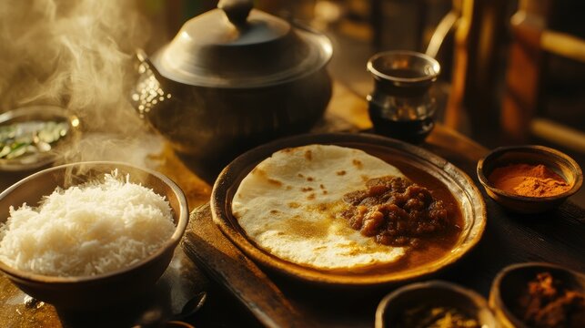 South Indian breakfast scene with Appam, rich stew, and Kerala spices, styled to showcase traditional flavors and culinary heritage. - Powered by Adobe
