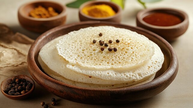 South Indian breakfast scene with Appam, rich stew, and Kerala spices, styled to showcase traditional flavors and culinary heritage.