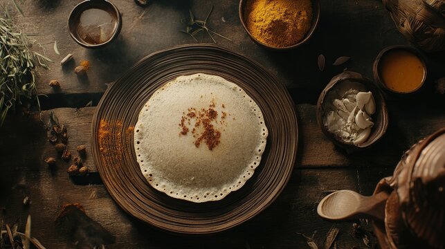 South Indian breakfast scene with Appam, rich stew, and Kerala spices, styled to showcase traditional flavors and culinary heritage. - Powered by Adobe