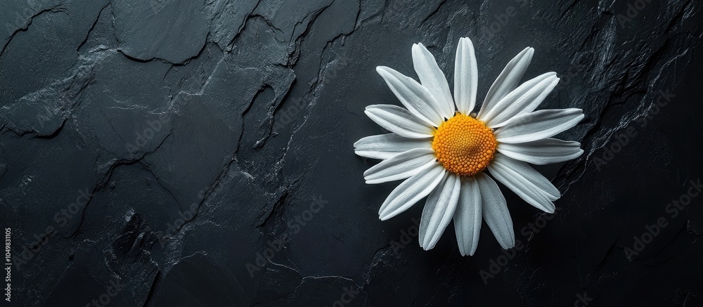 Poster A solitary daisy flower against an anthracite background with individual petals surrounding it conveys love. with copy space image. Place for adding text or design