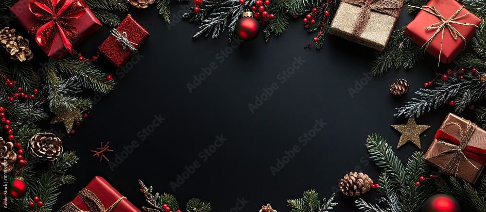 Poster christmas background featuring decorations on a black backdrop top view with copyspace