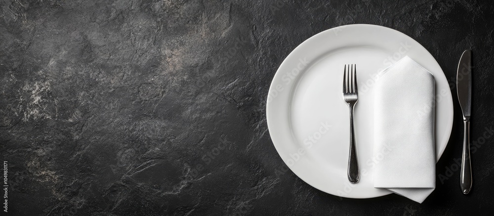 Poster White craft plate cutlery and napkin on a dark stone table Top view copy space table setting Background for a menu layout area for text recipe backdrop