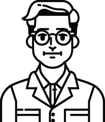 Fototapeta premium Black and white line art illustration of a young male professional wearing glasses business attire avatar icon profile picture