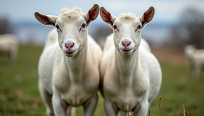 Obraz premium Peaceful pastoral scene with two white sheep