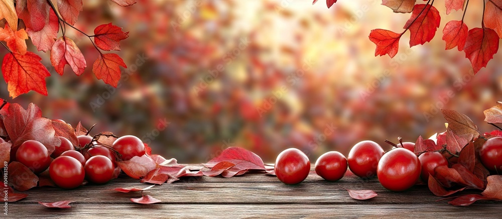 Leinwandbilder red fruit and leaf backdrop hawthorn and fallen foliage. with copy space image. place for adding tex