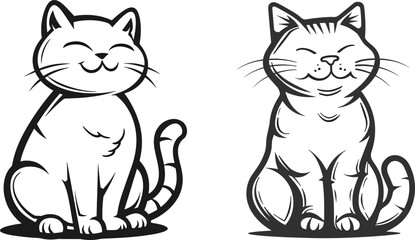 Obraz premium Two happy cartoon cats one outline and one solid black mascot logo design elements isolated on white background for pet shop veterinary clinic or animal shelter branding and identity