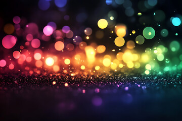 Fototapeta premium Abstract rainbow bokeh lights on a black glitter background.
