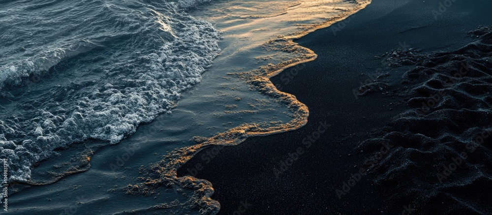 Poster stunning view of ocean water and dark lava sand. with copy space image. place for adding text or des