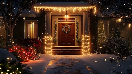 Obraz premium A beautifully lit home with Christmas lights wrapped around the pillars, snow covering the ground, and a wreath on the door.