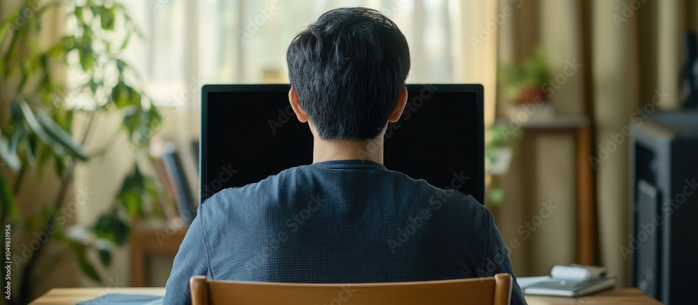 Aufkleber asian man using a laptop with a blank black screen at a home office seated at a desk in a chair view