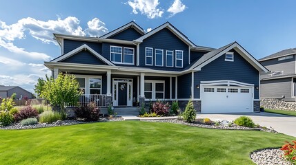 A beautiful two-story home with dark blue siding, white accents, and a professionally landscaped yard with green grass and colorful plants.