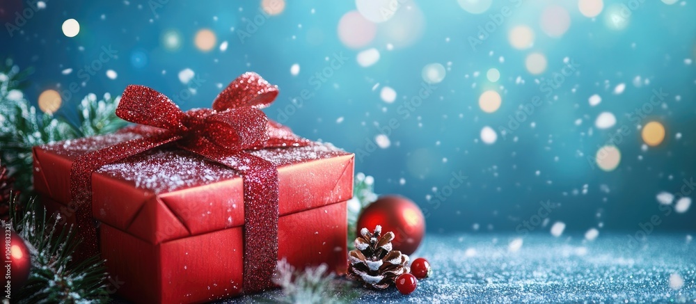 Aufkleber Christmas gift box on a blue background red holiday box. with copy space image. Place for adding text or design