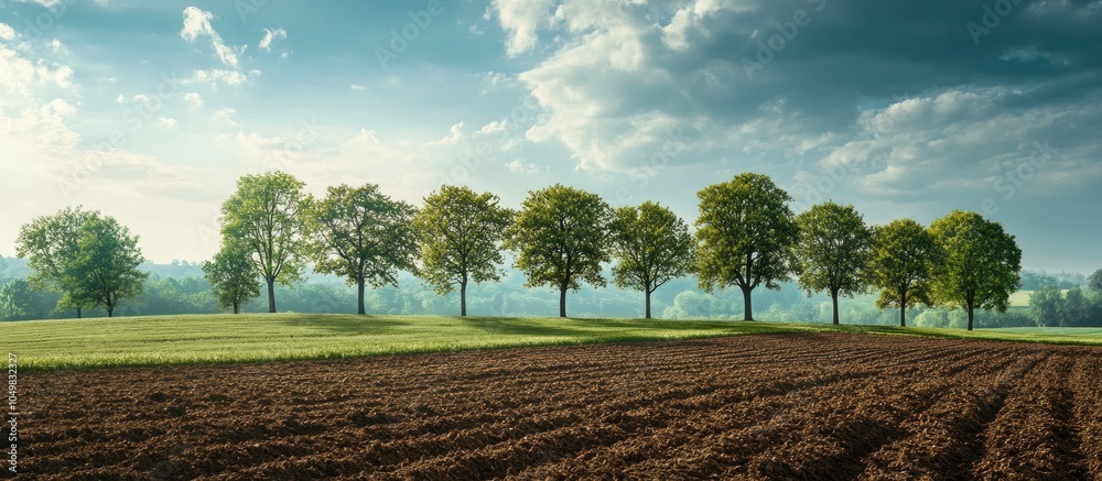 Leinwandbilder Agricultural landscape featuring a row of trees on the horizon Scene of farmland during springtime. with copy space image. Place for adding text or design