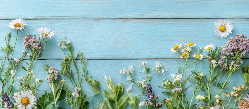 Poster herbal flowers on a blue wooden tabletop background. with copy space image. Place for adding text or design