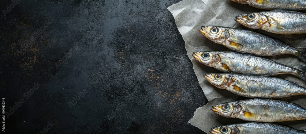Fototapete Raw small sprats resembling forage fish arranged in a diagonal layout on paper with copyspace on a dark black cement backdrop