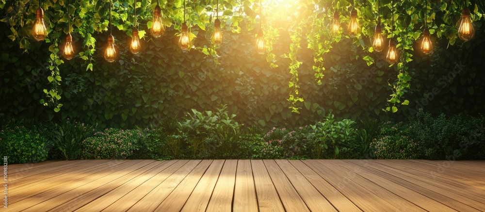 Aufkleber summer backdrop with a wooden terrace featuring climbing plants and solar powered light bulbs. with 