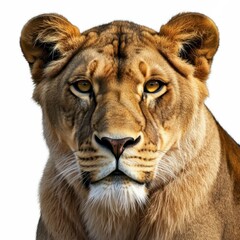 Obraz premium Majestic lioness portrait, golden fur, intense amber eyes, regal expression, detailed facial features, whiskers, ear tufts, soft lighting, high resolution, wildlife photography, serene background, Nat