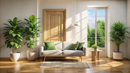 Fototapeta premium Sunlight floods a bright living space, where a minimalist wooden door complements a white sofa and vibrant green houseplant, creating an inviting atmosphere.