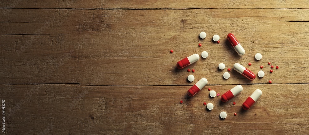 Aufkleber Pills on a wooden surface top view. with copy space image. Place for adding text or design