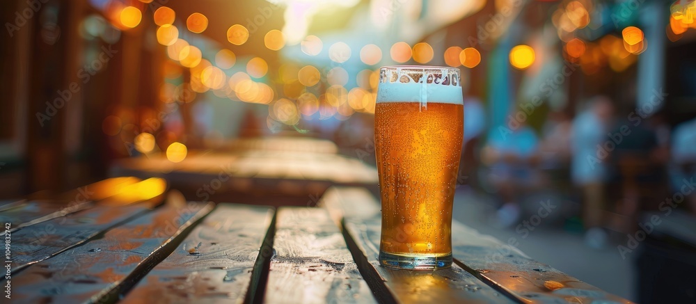 Aufkleber cold beer in a glass on the table of a street cafe. with copy space image. place for adding text or 