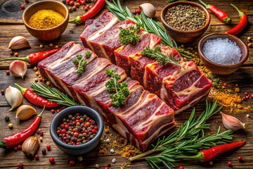 Fototapeta premium Tantalizing beef ribs encircled by a medley of colorful spices and fresh herbs, eagerly awaiting their turn to sizzle on the grill.