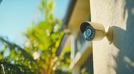 A close-up of a modern home security camera mounted on a wall, showcasing its design and functionality
