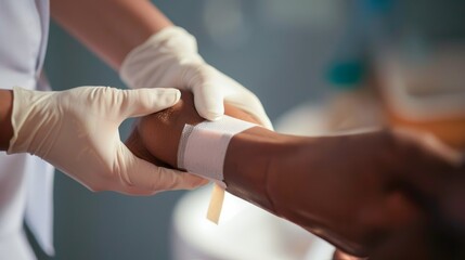 A close-up of a healthcare professional applying an adhesive bandage to a small cut on a patient's arm in a bright treatment area, macro shot, Minimalist style