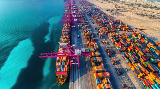 An aerial shot of Dubai's Jebel Ali Port, filled with colorful shipping containers and massive