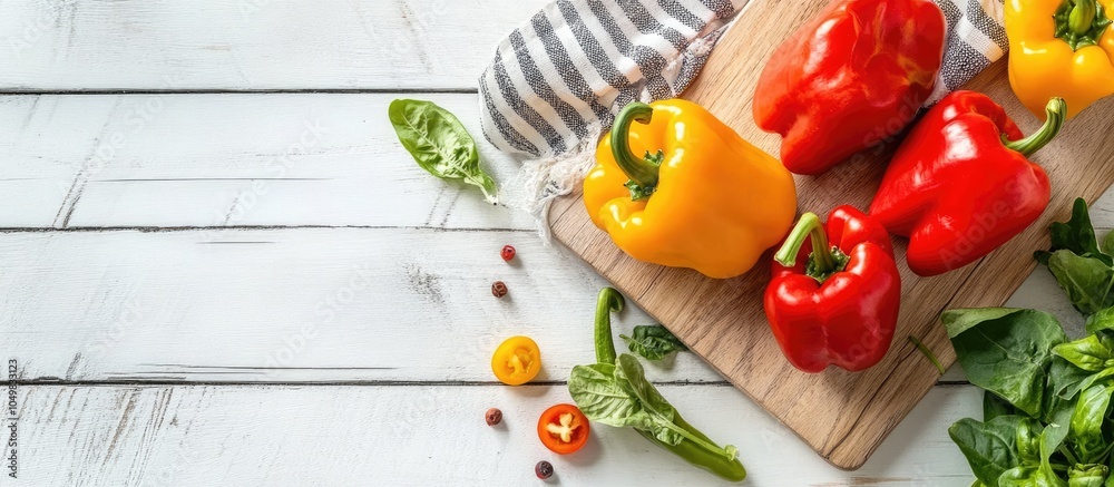 Poster sweet peppers on a cutting board and a white wooden table. with copy space image. place for adding t