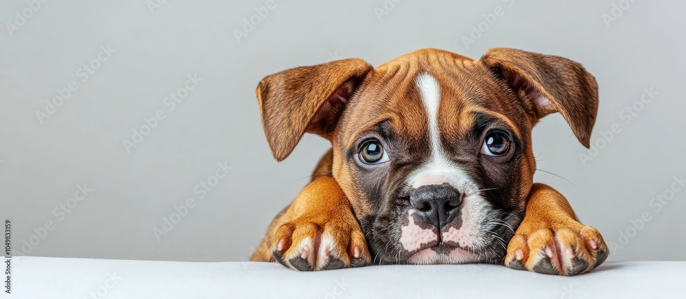 Poster charming and delightful puppy portrait photo captured in a studio with a white backdrop copyspace