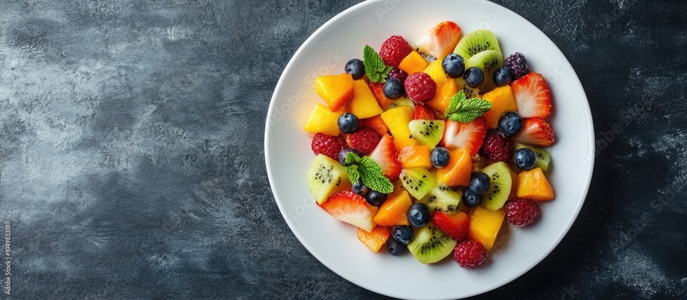 Fototapete from above a vibrant dish featuring a tasty mix of fresh tropical fruits and berries on a white roun