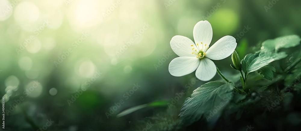 Fototapete Close up of a tiny White Wildflower in Spring. with copy space image. Place for adding text or design