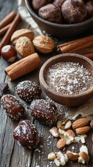 Fototapeta premium Rustic arrangement of chia-coated dates, mixed nuts, and cinnamon sticks on a wooden surface, highlighting natural ingredients.