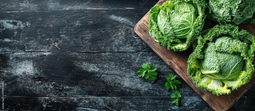 Aufkleber sliced savoy cabbage on a cutting board dark wooden backdrop top view copyspace