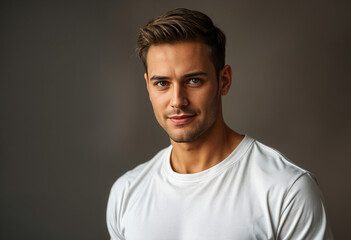 Obraz premium Young man, brown hair, white tshirt, grey background, smiling. Young man with brown hair, in white tshirt, smiling on grey background. Ideal for lifestyle blogs, social media posts, website banners.