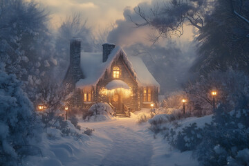 A Charming Winter Cottage with Smoke Rising from the Chimney, Surrounded by Snow-covered Trees and a Pathway Lined with Lanterns, Inviting You Inside for Warmth