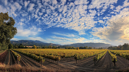 Grape field growing for wine. Vineyard hills. Summer scenery with wineyard rows
