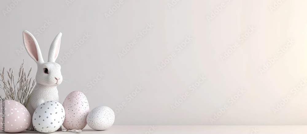 Poster decorative easter eggs with a rabbit on a white background providing textured copy space for banner 