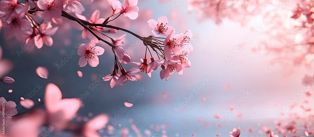 Poster sakura in full bloom with pink flowers during spring. with copy space image. place for adding text o