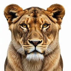 Obraz premium Majestic lioness portrait, golden fur, intense amber eyes, regal expression, detailed facial features, whiskers, ear tufts, soft lighting, high resolution, wildlife photography, serene background, Nat