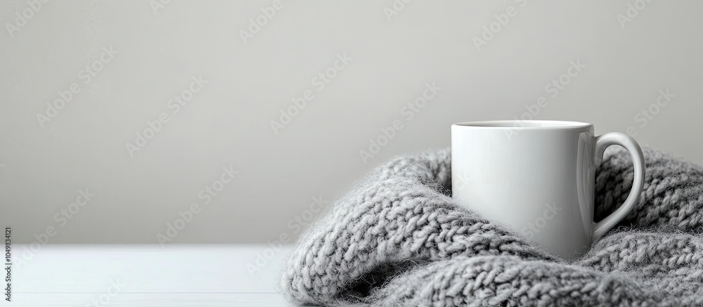 Poster coffee mug resting on a gray wool scarf against a white background with copy space