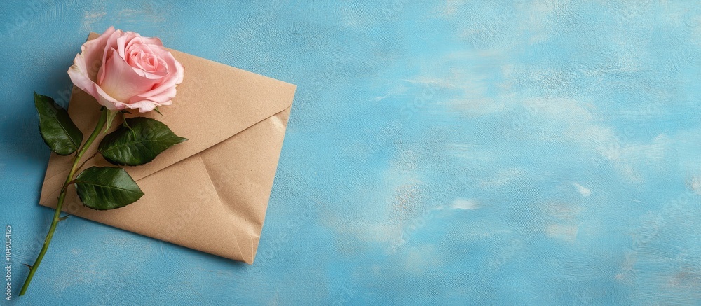 Poster Close up of an old brown envelope with a pink rose on a blue background Minimal flat lay. with copy space image. Place for adding text or design