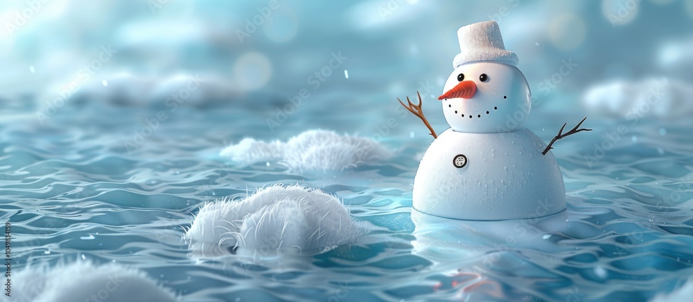Poster Melting snowman on ice surface. with copy space image. Place for adding text or design
