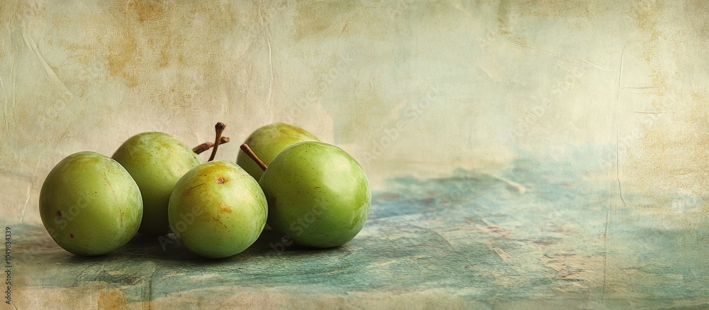 Aufkleber textured vintage paper background featuring green plums. with copy space image. place for adding tex