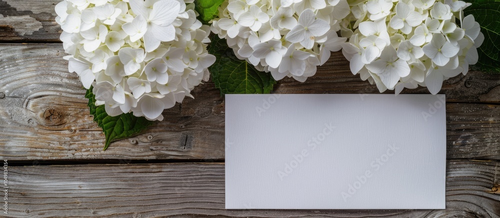 Leinwandbilder white hydrangea flower with a white board on a wooden background mockup. with copy space image. plac