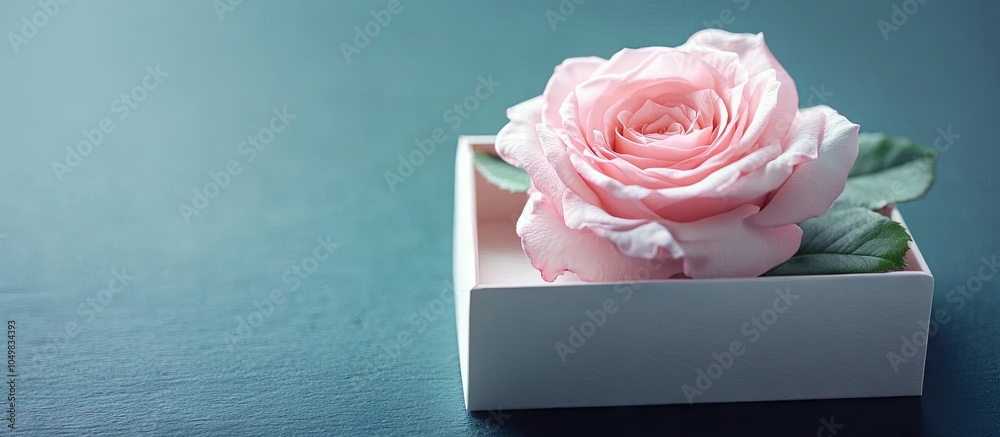 Poster gift box with a pink rose. with copy space image. place for adding text or design