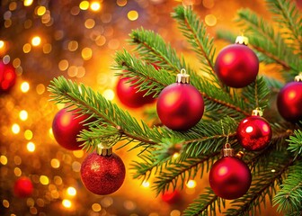 Obraz premium This festive card design showcases lush red fir tree branches adorned with colorful ornaments, bringing warmth and joy to your holiday celebrations and seasonal greetings.